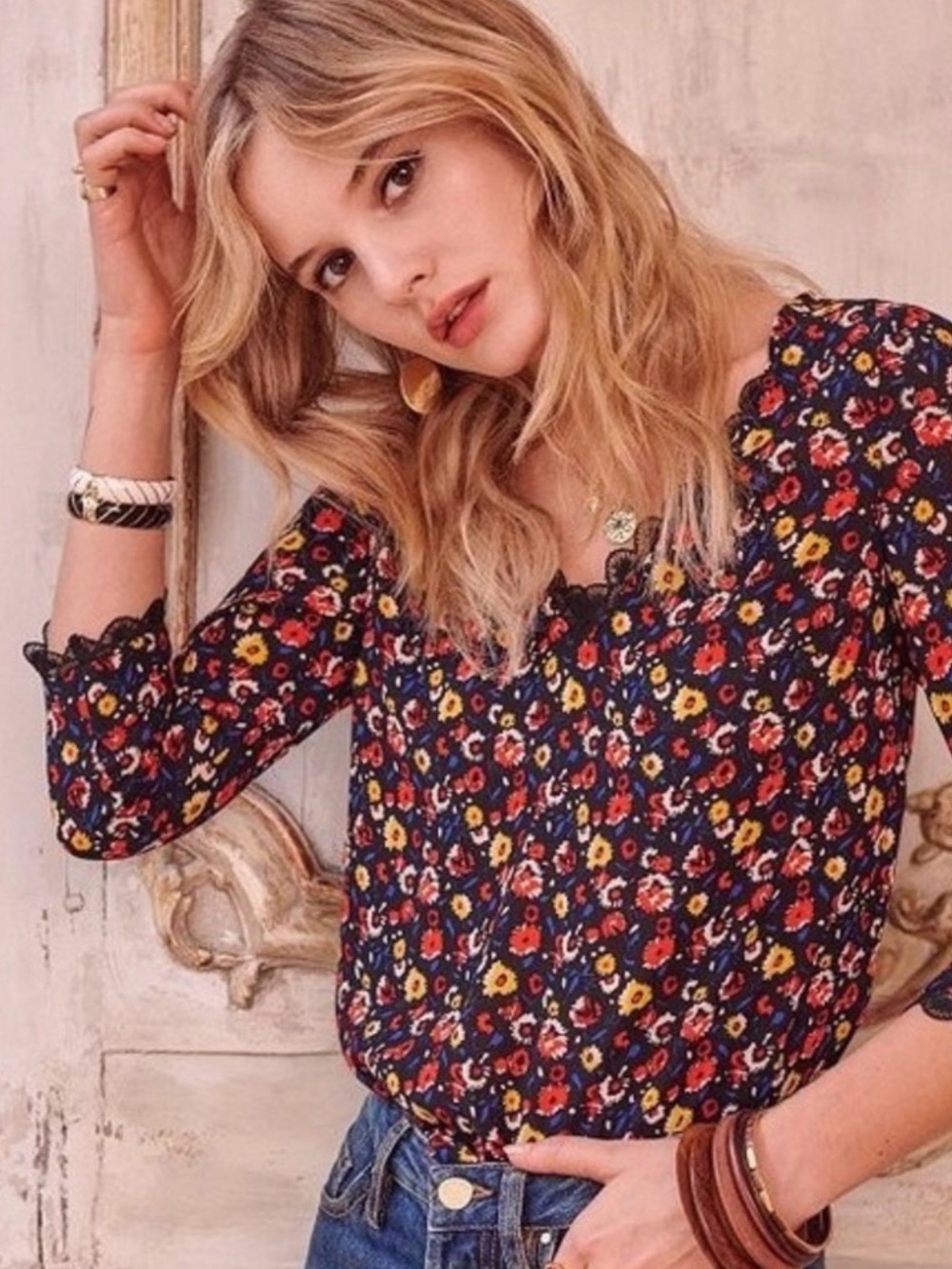 Sezane Black Floral Blouse Size 36โ (US Size 4) Lace Trim